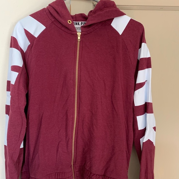 PINK Victoria's Secret Tops - Pink brand zip up hoodie wine, white & gold Large